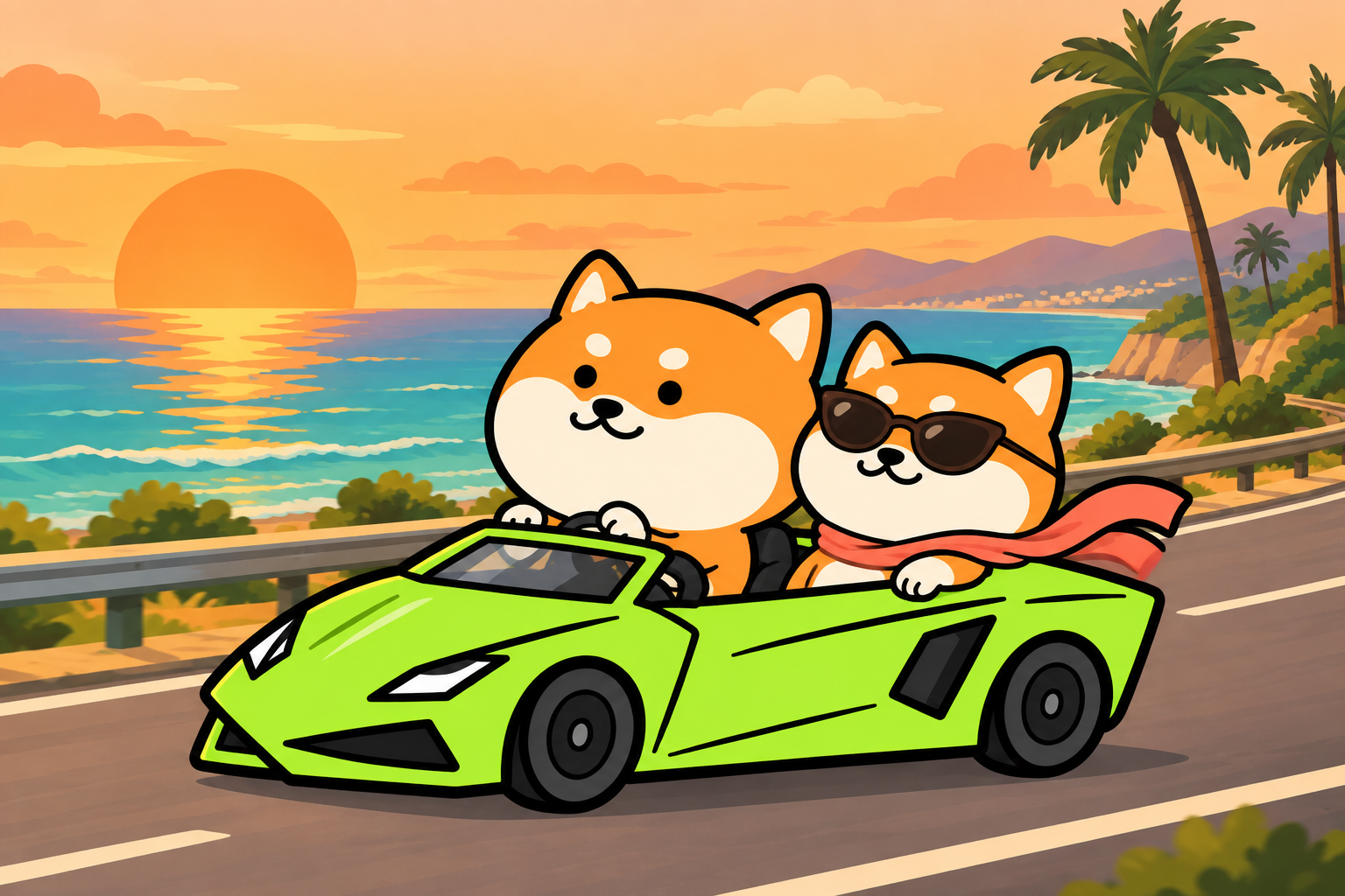 Lamborghinu and a female Shiba passenger enjoying a sunset coastal drive in his lime-green convertible
