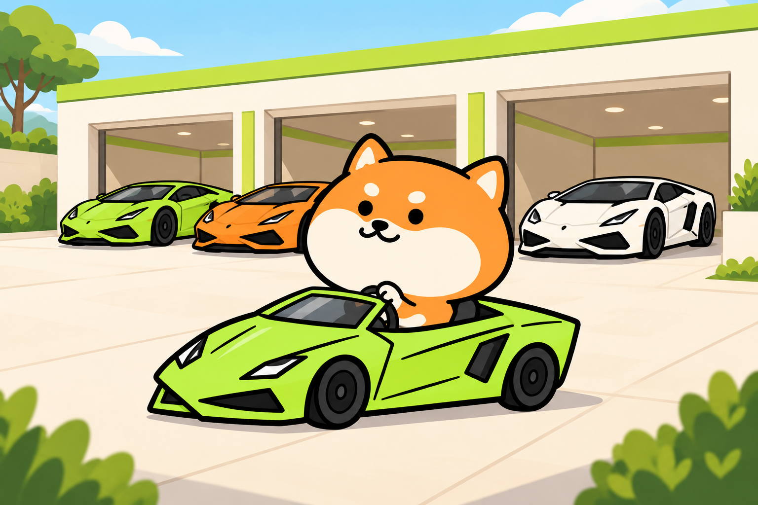 Lamborghinu in his lime-green convertible with a collection of colorful supercars outside his garage